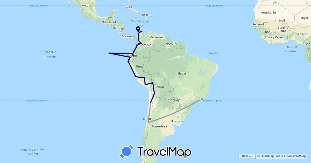 TravelMap itinerary: driving, plane in Bolivia, Brazil, Chile, Colombia, Ecuador, Peru (South America)